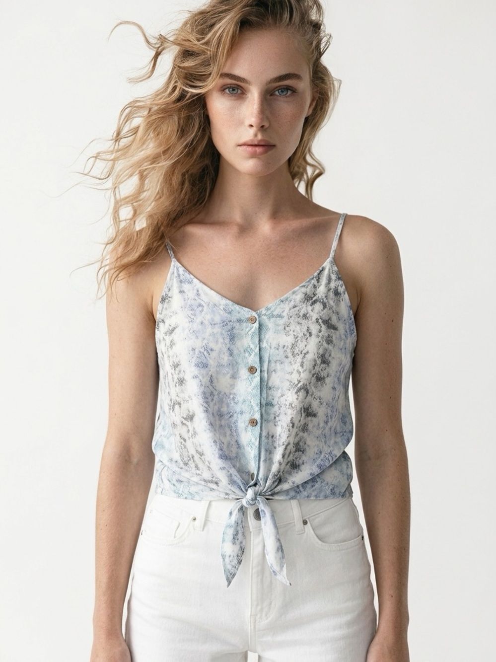 NEWBURY KUSTOM | Blue White Gray Snake Print Tie-Front Tank Top Women’s Size M